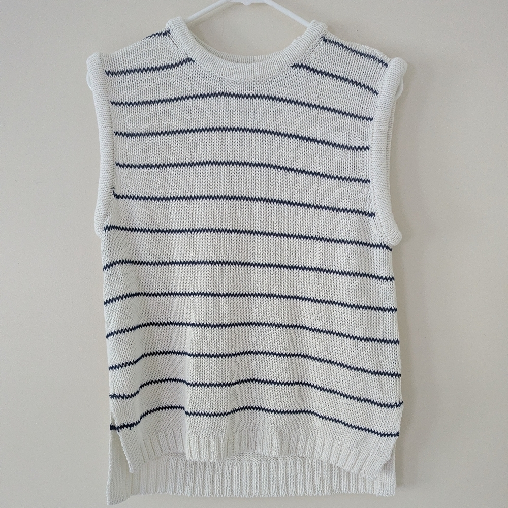 MADEWELL Sweater Vest Women M Puff-Trim Cotton Linen Pullover NEW Stripe NQ977